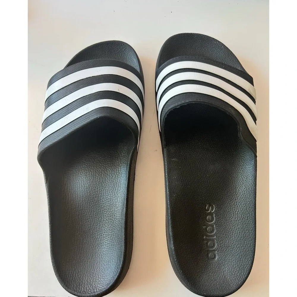 Adidas Adilette Shower Slides‎ Mens 10 Black White 3 Stripe Sandals GZ3772